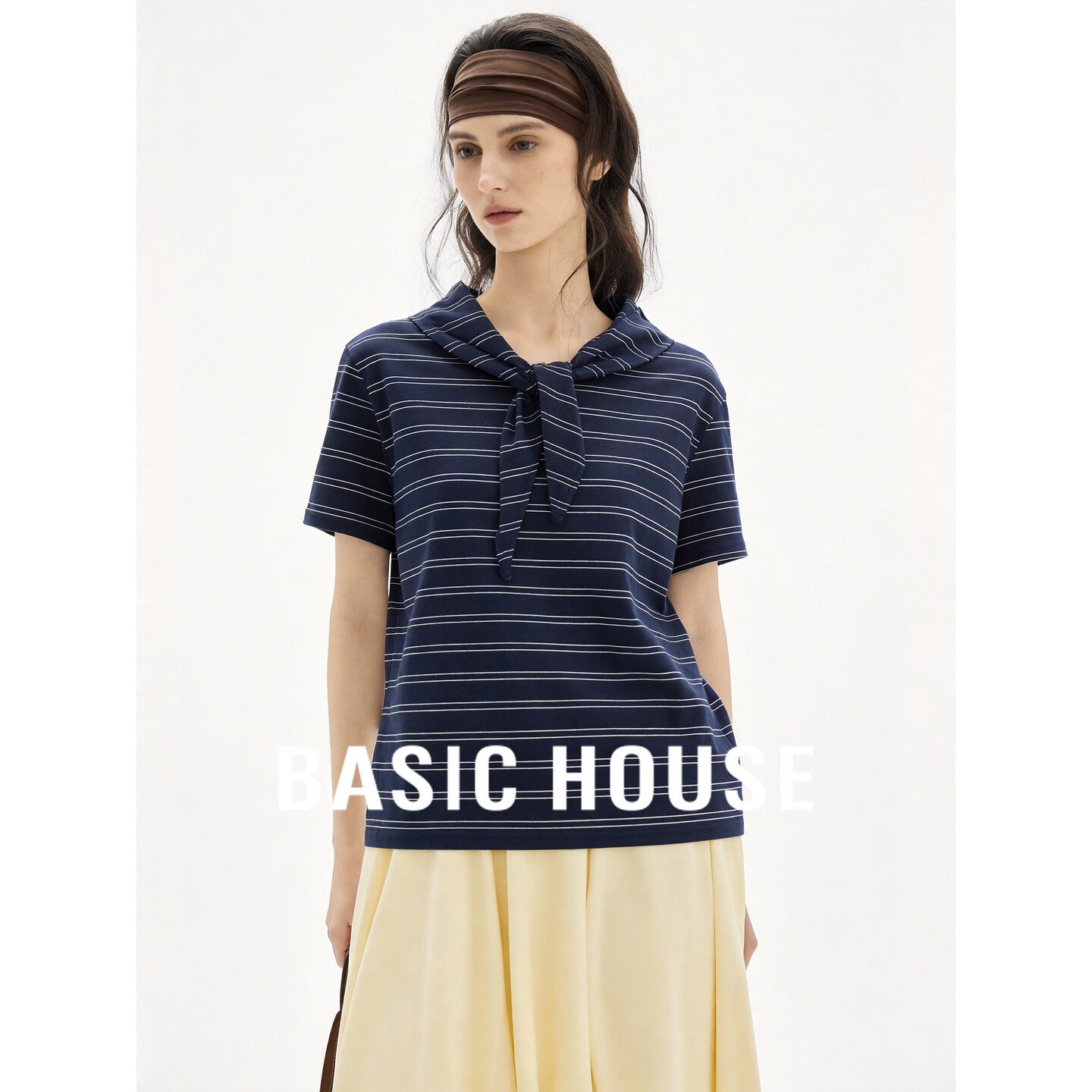 Basic House/百家好老钱风条纹短袖T恤女系带宽松百搭通勤上衣