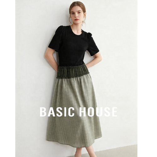 Basic House/百家好复古撞色木耳边连衣裙夏季褶皱收腰中长款裙子