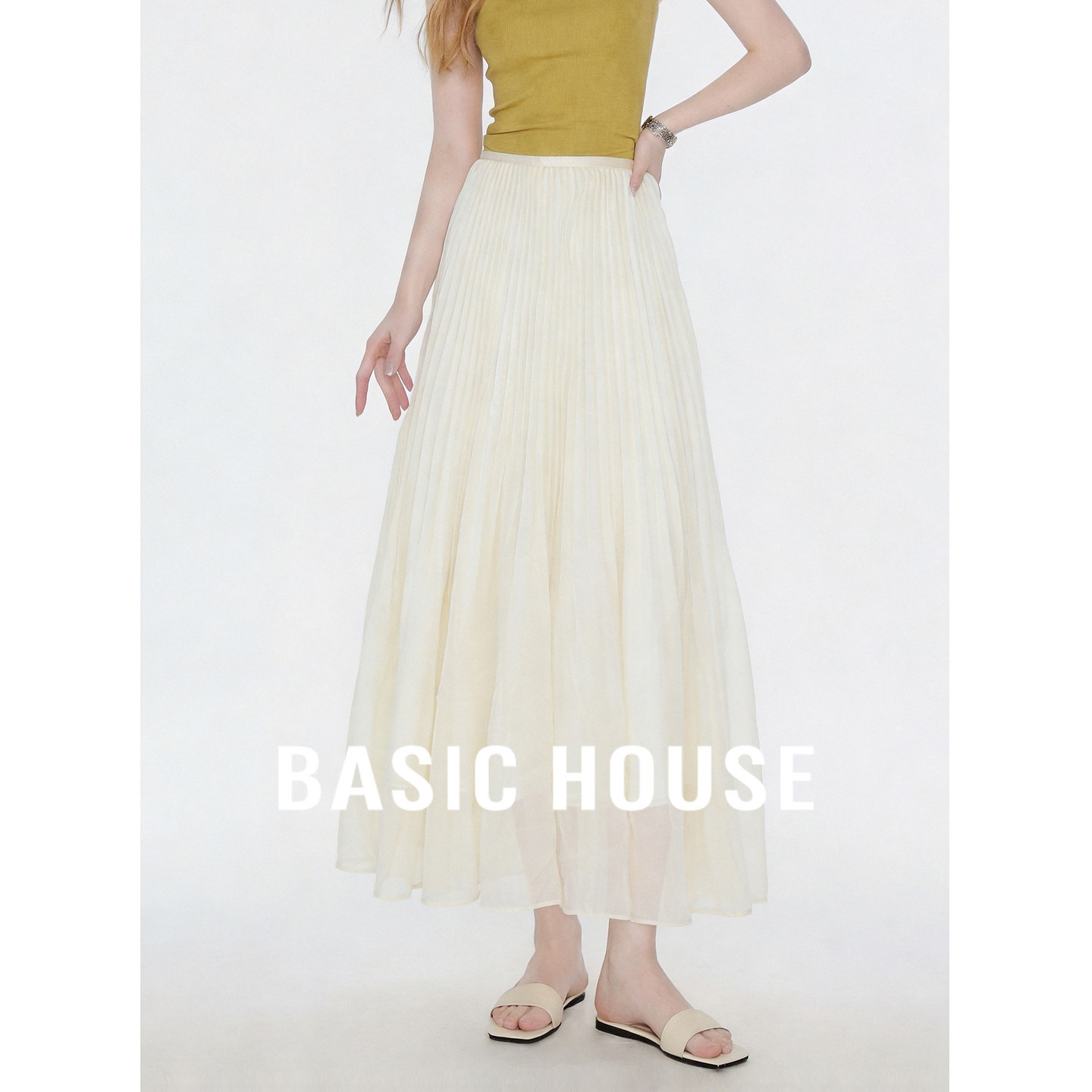 Basic House/百家好百褶半身裙高腰A字压褶米白韩版女夏通勤百搭