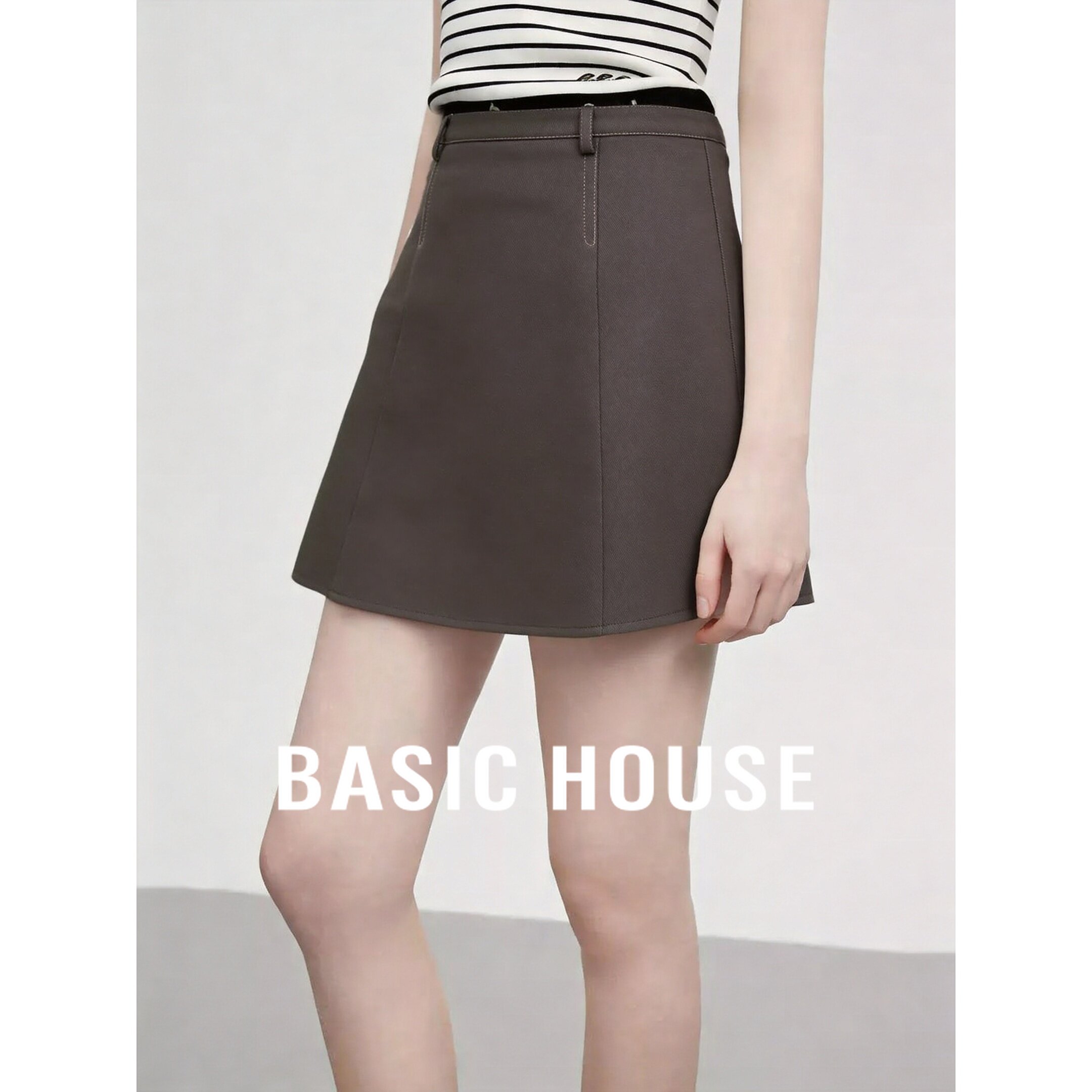 Basic House/百家好极简风咖色高腰A字短裙女通勤百搭显瘦半身裙