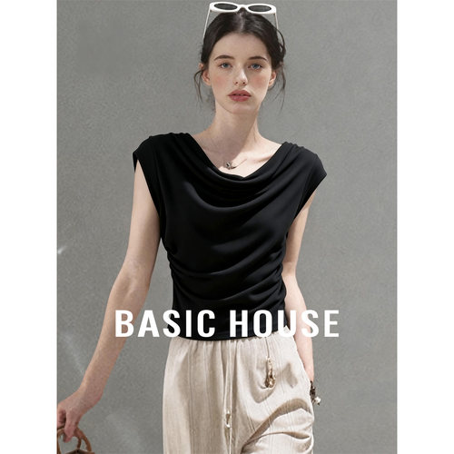Basic House/百家好纯色简约抽褶设计T恤女2026夏季修身百搭上衣