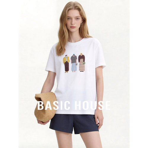 Basic House/百家好白色卡通人物印花T恤女夏季圆领宽松短袖上衣