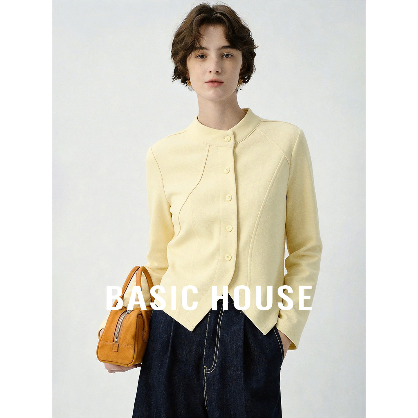 Basic House/百家好鹅黄色立领卫衣女夏不规则下摆显瘦长袖上衣