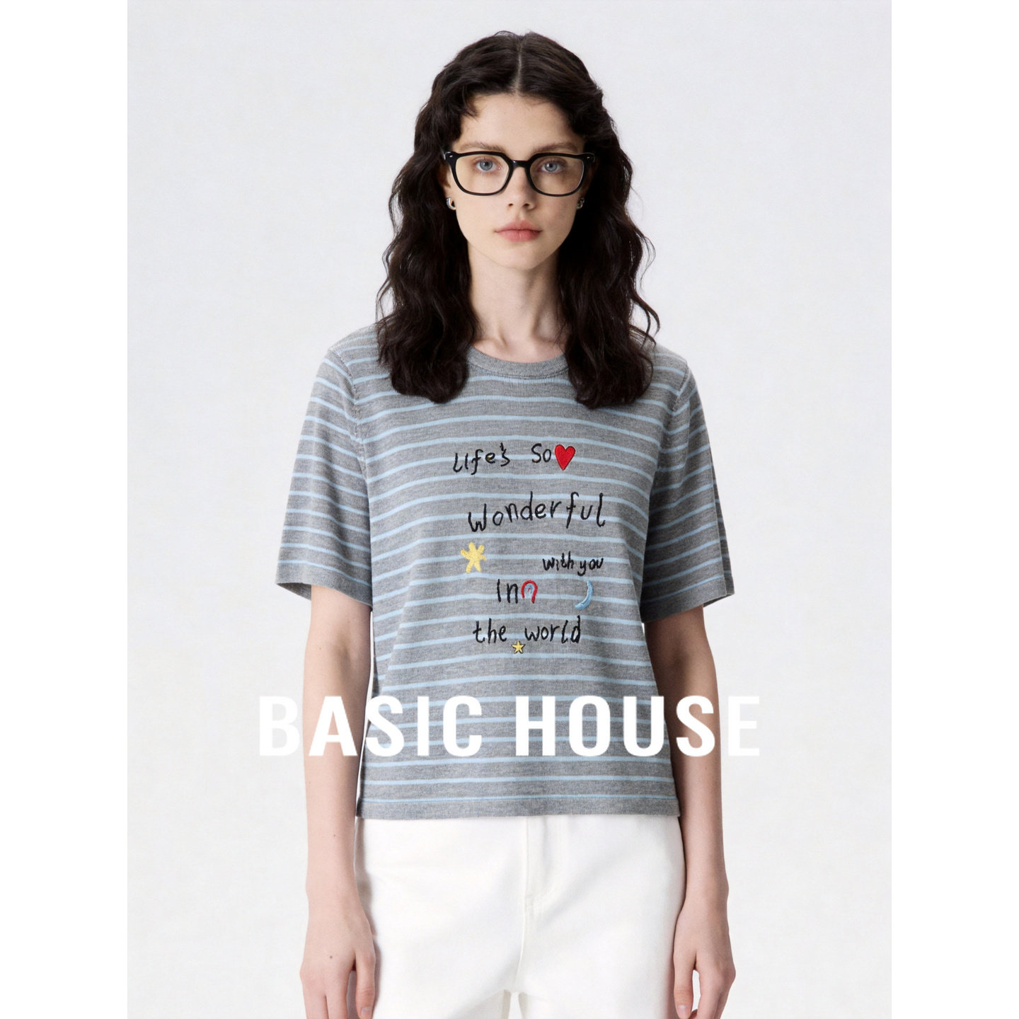 Basic House/百家好撞色条纹短袖针织衫夏季字母刺绣套头毛衣上衣
