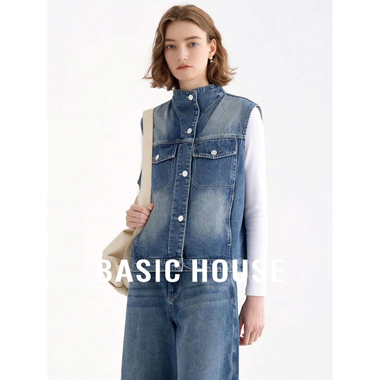 Basic House/百家好新款牛仔马甲女秋季无袖百搭休闲叠穿背心外套