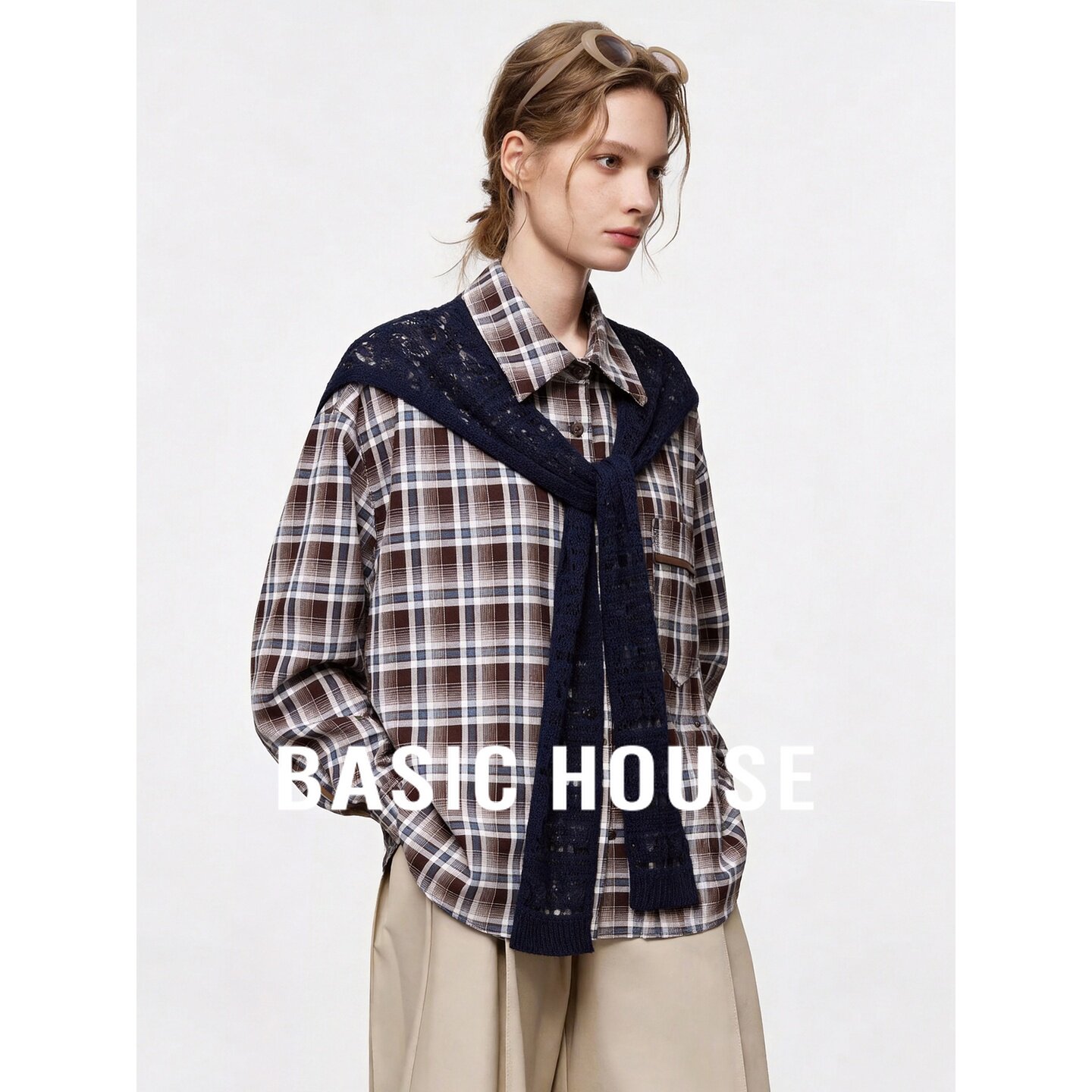 Basic House/百家好学院风格纹衬衫女长袖针织镂空披肩百搭上衣