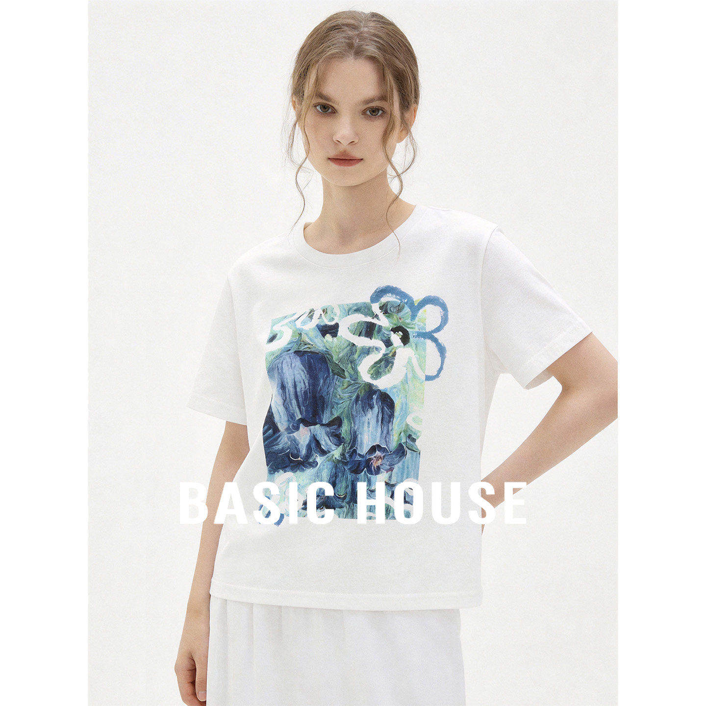 Basic House百家好白色圆领印花设计感短袖T恤女夏2026新款高级感