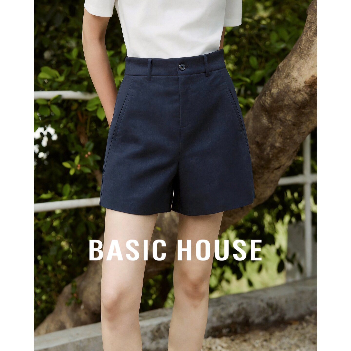 Basic House/百家好全亚麻藏青色高腰短裤女夏新款显瘦百搭休闲裤