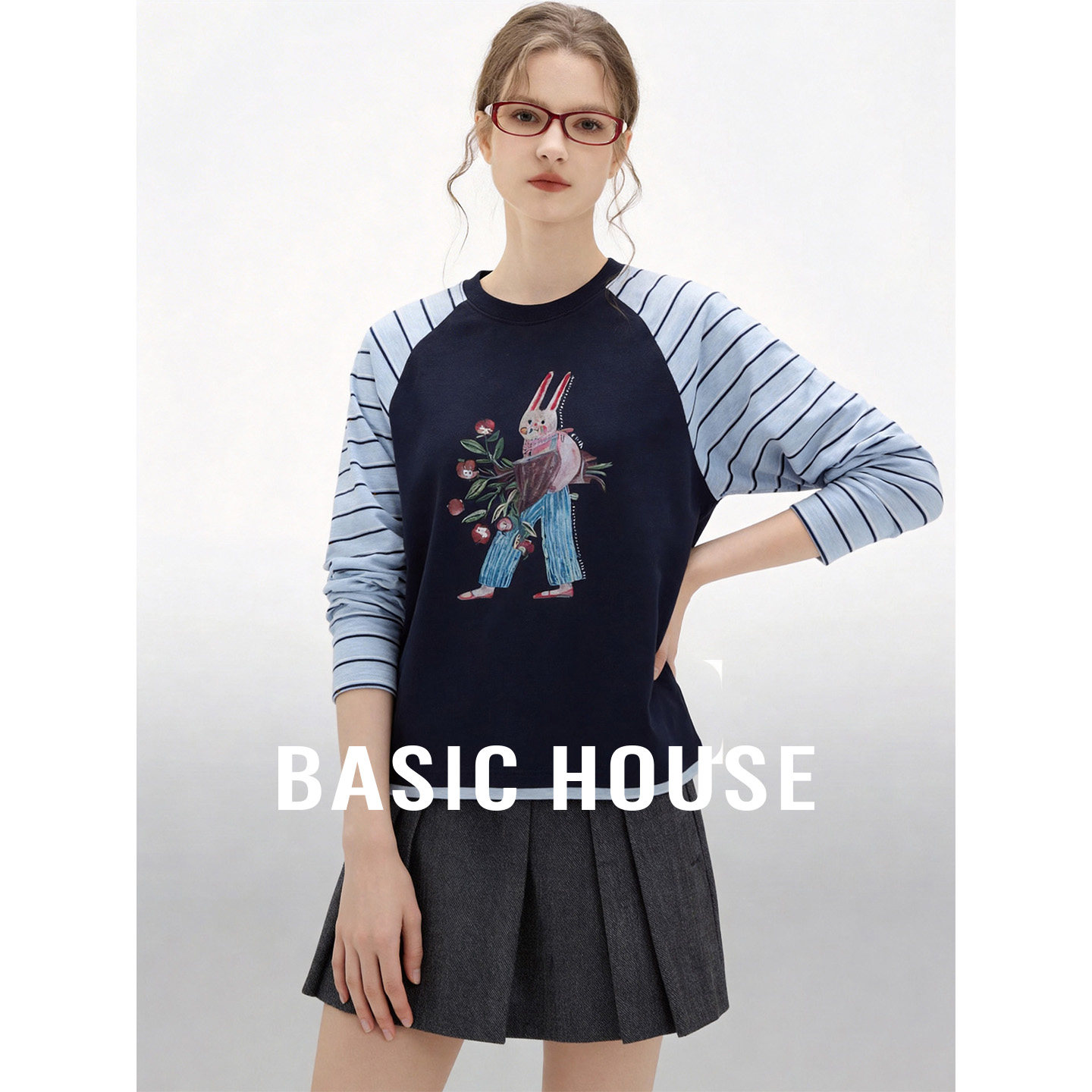 Basic House/百家好插肩袖T恤秋卡通减龄条纹拼接慵懒风套头上衣
