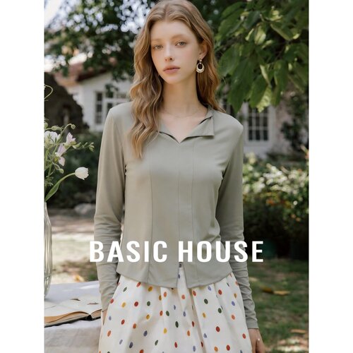 Basic House/百家好翻领长袖衬衫女修身显瘦通勤上衣韩版浅灰绿色