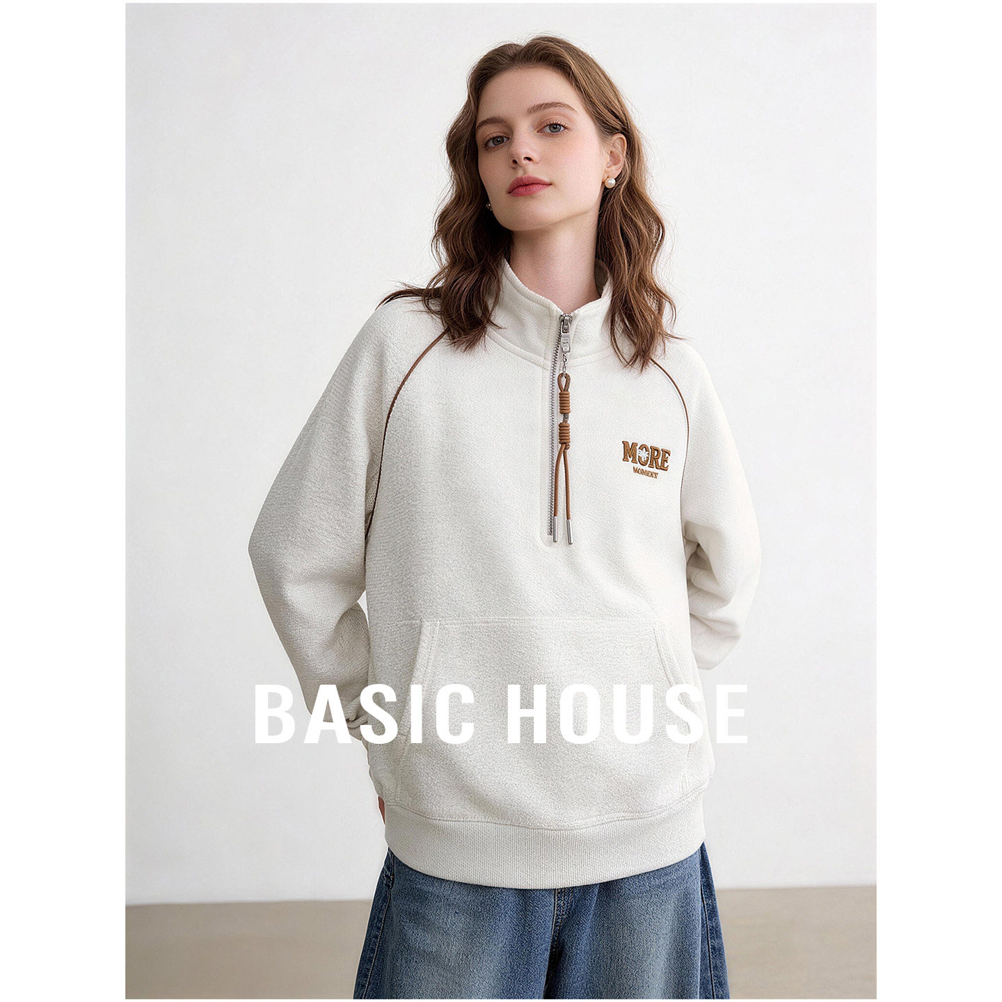 Basic House/百家好半拉链立领卫衣女秋复古休闲宽松显瘦套头上衣