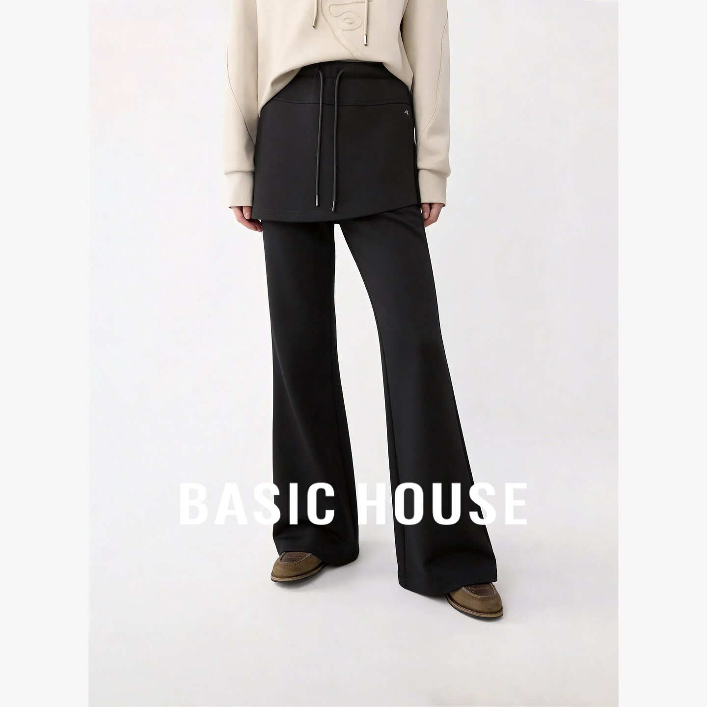 Basic House/百家好假两件屁帘拼接微喇裤女修身显瘦垂感休闲长裤