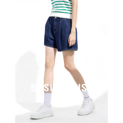 Basic House/百家好高腰阔腿短裤女深蓝色显瘦遮胯A字牛仔短裤夏