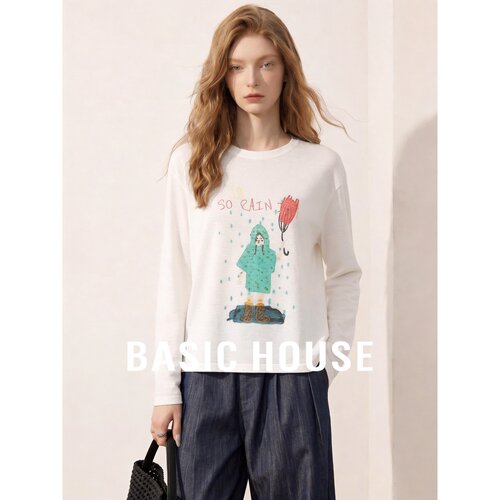 Basic House/百家好夏日清新印花针织衫女长袖圆领套头宽松百搭