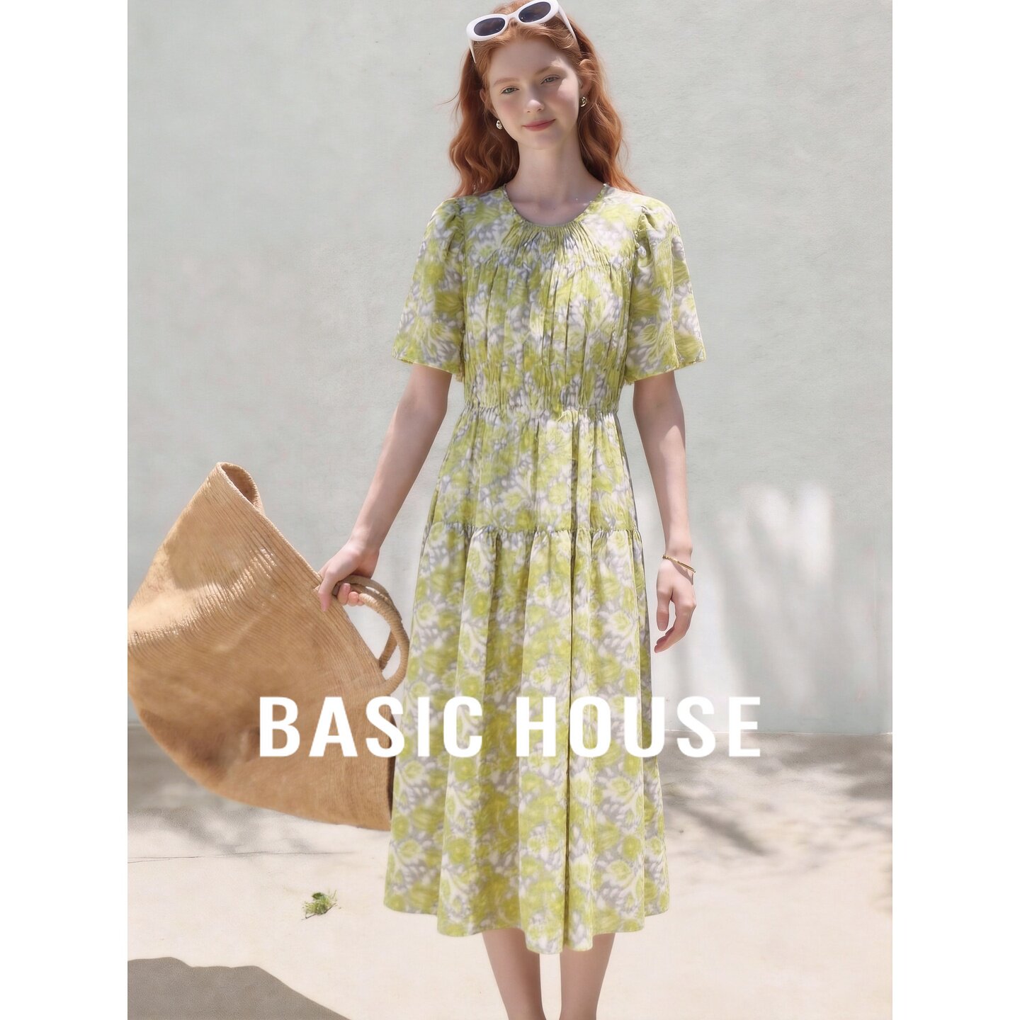 Basic House/百家好法式花色碎花连衣裙女夏季短袖收腰温柔气质裙