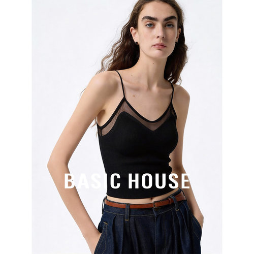 Basic House/百家好黑色V领带胸垫吊带背心女26夏季网纱设计内搭