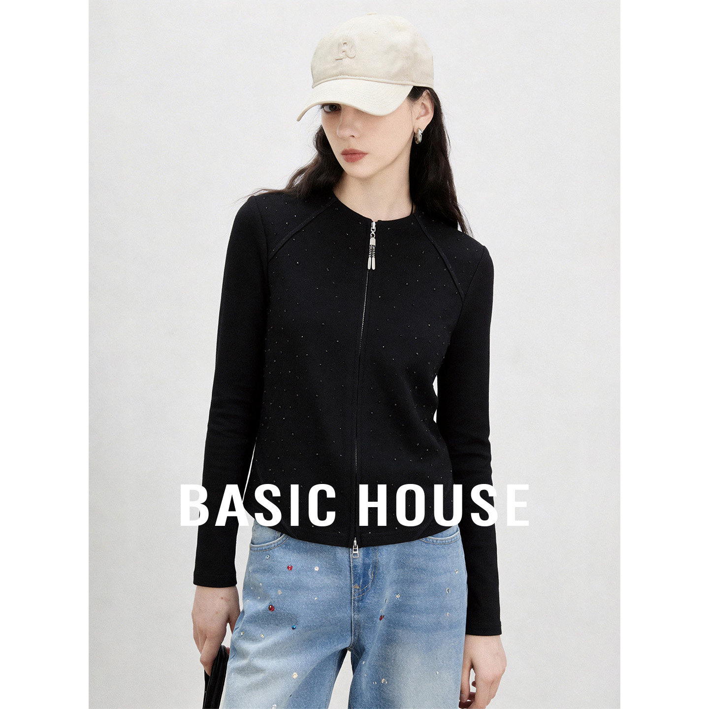 Basic House/百家好黑色闪钻设计拉链外套女短款圆领通勤百搭卫衣