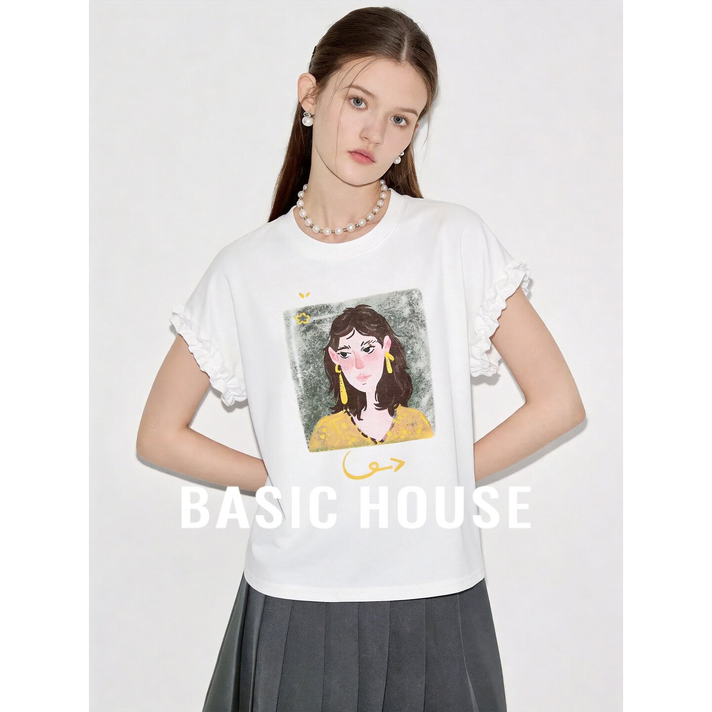 Basic House/百家好白色印花短袖T恤女荷叶边袖百搭上衣夏季新款
