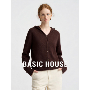 Basic House/百家好连帽针织开衫女26夏季新款棕色显瘦羊毛衫外套