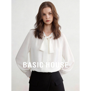 Basic House/百家好白色莱赛尔宽松透气衬衫女春季百搭长袖上衣
