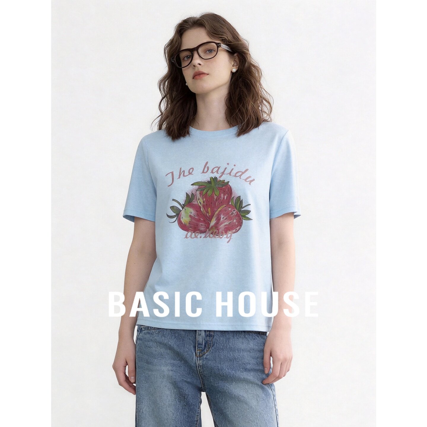 Basic House/百家好夏日草莓印花短袖T恤女新款蓝色宽松百搭上衣