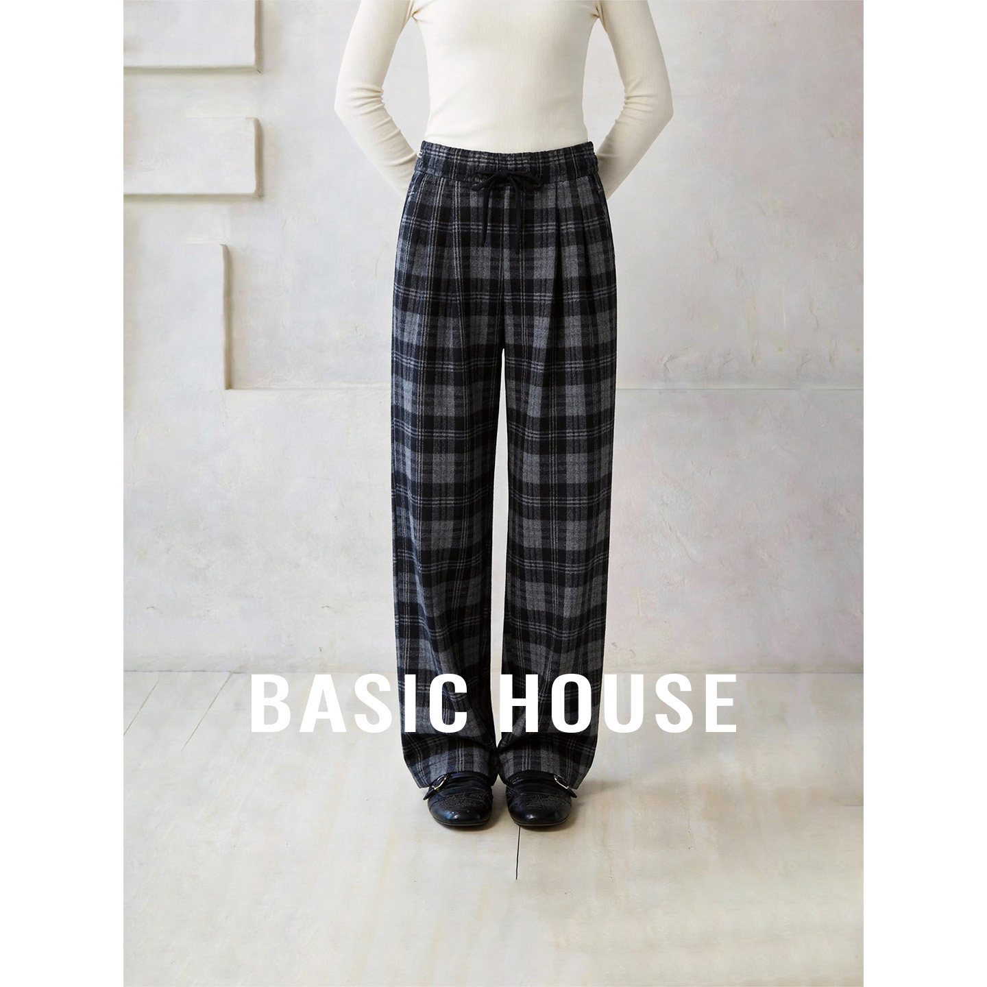 Basic House/百家好格子撞色设计直筒裤女春季加绒保暖百搭休闲裤