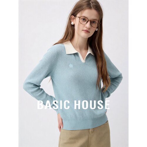 Basic House/百家好羊毛针织衫polo领长袖修身女秋季通勤韩版上衣
