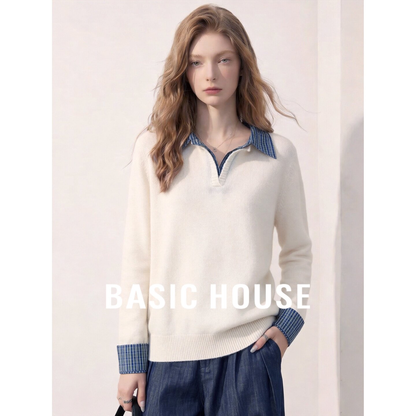 Basic House/百家好学院风polo领假两件针织衫女拼接格纹百搭上衣