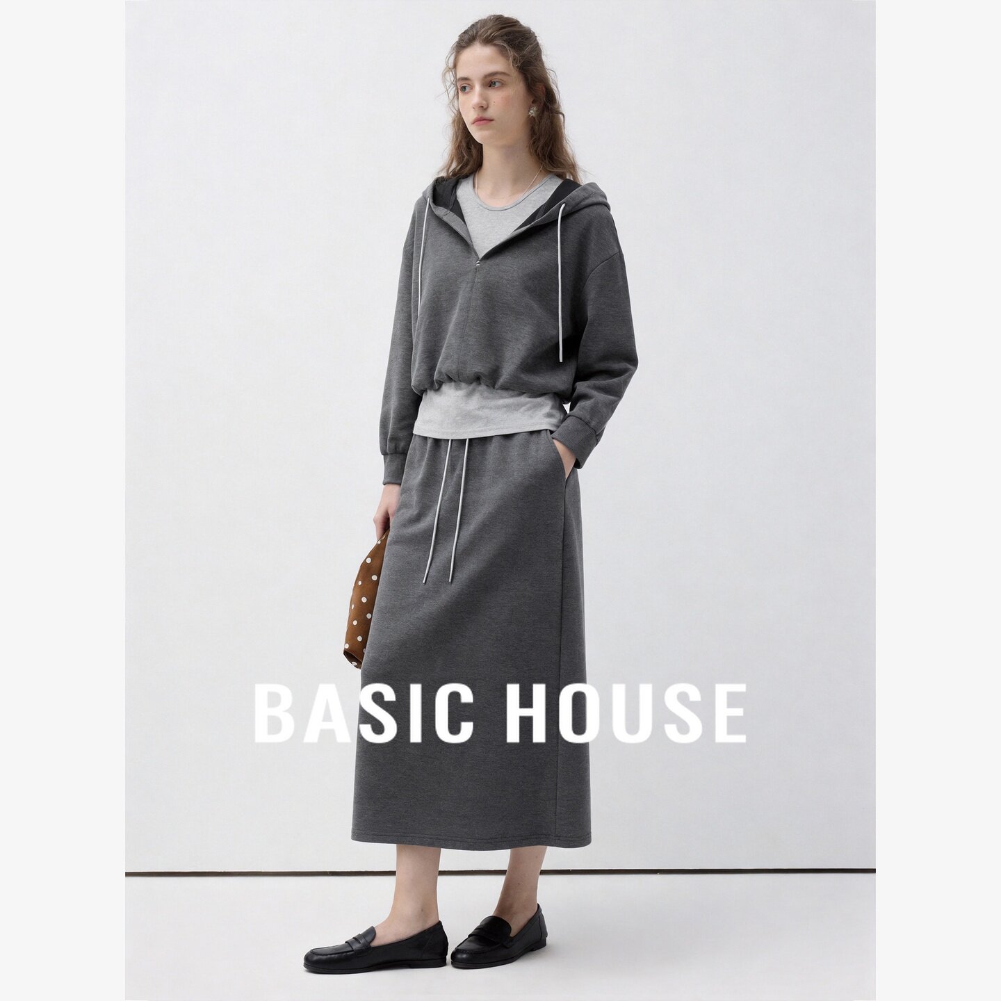 Basic House/百家好休闲慵懒假两件连帽卫衣半身裙宽松两件套套装