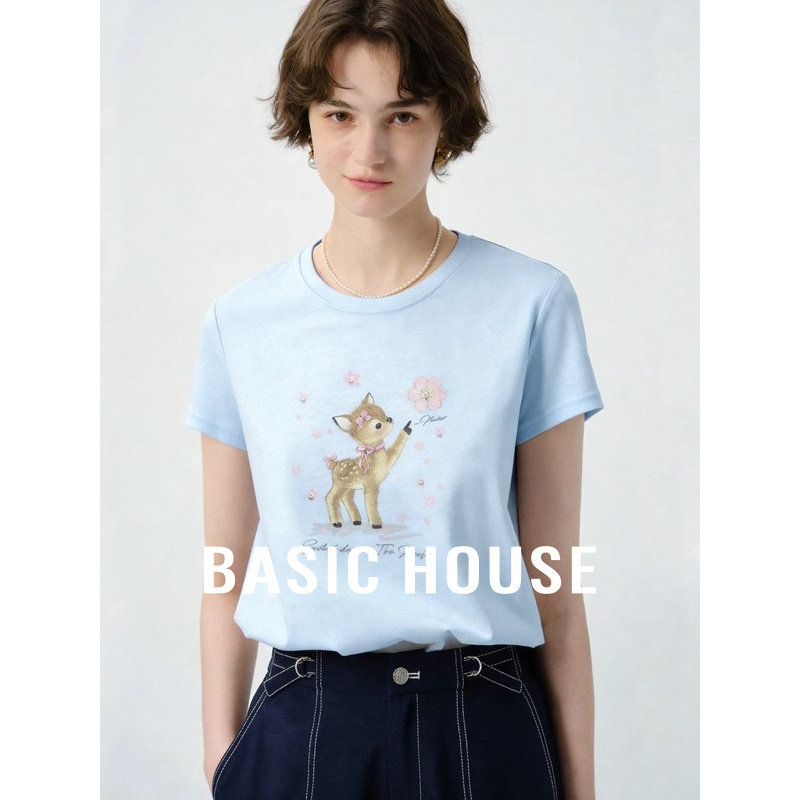 Basic House/百家好蓝色小鹿印花T恤女美式复古修身百搭正肩上衣