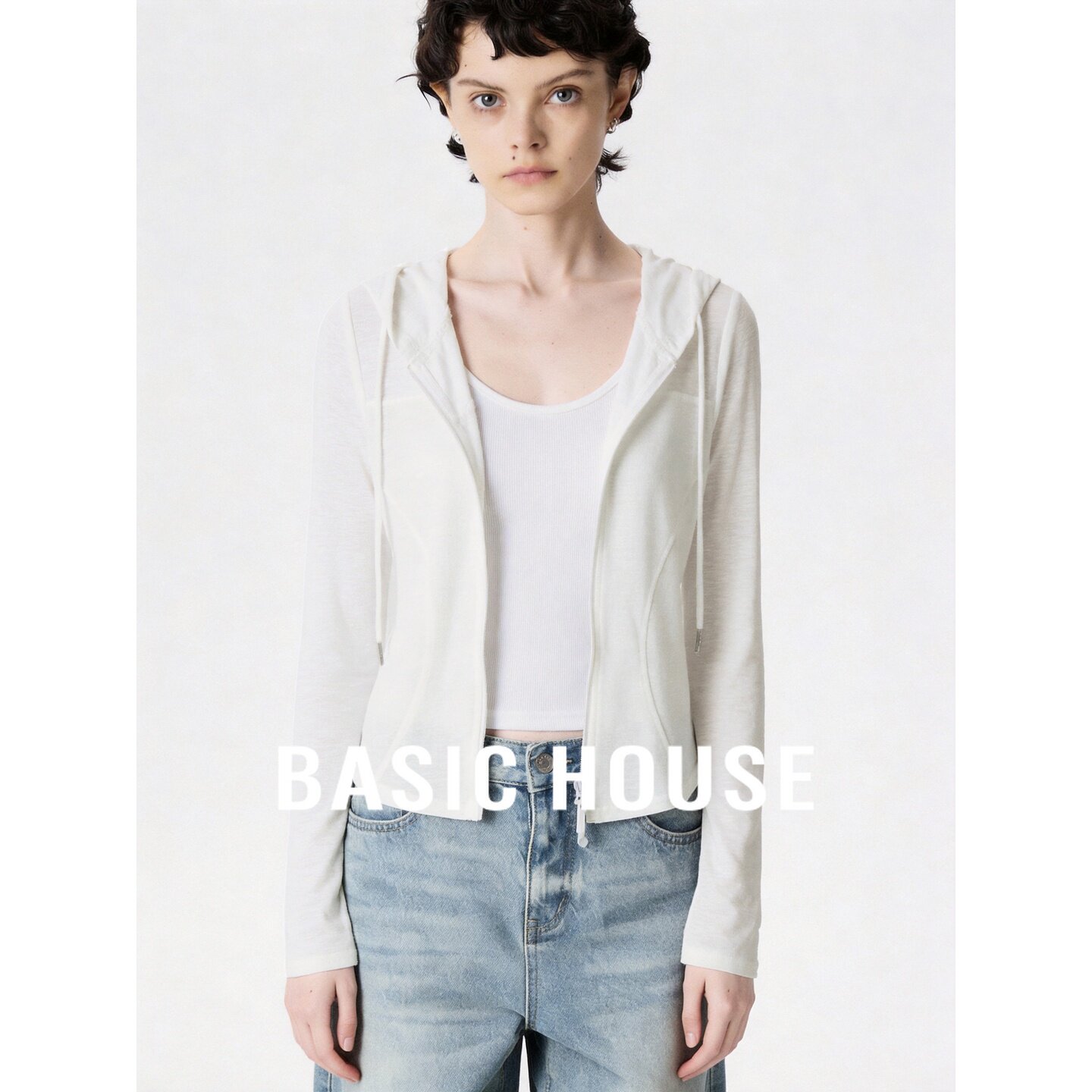 Basic House/百家好白色连帽卫衣薄款修身显瘦拉链休闲针织开衫女
