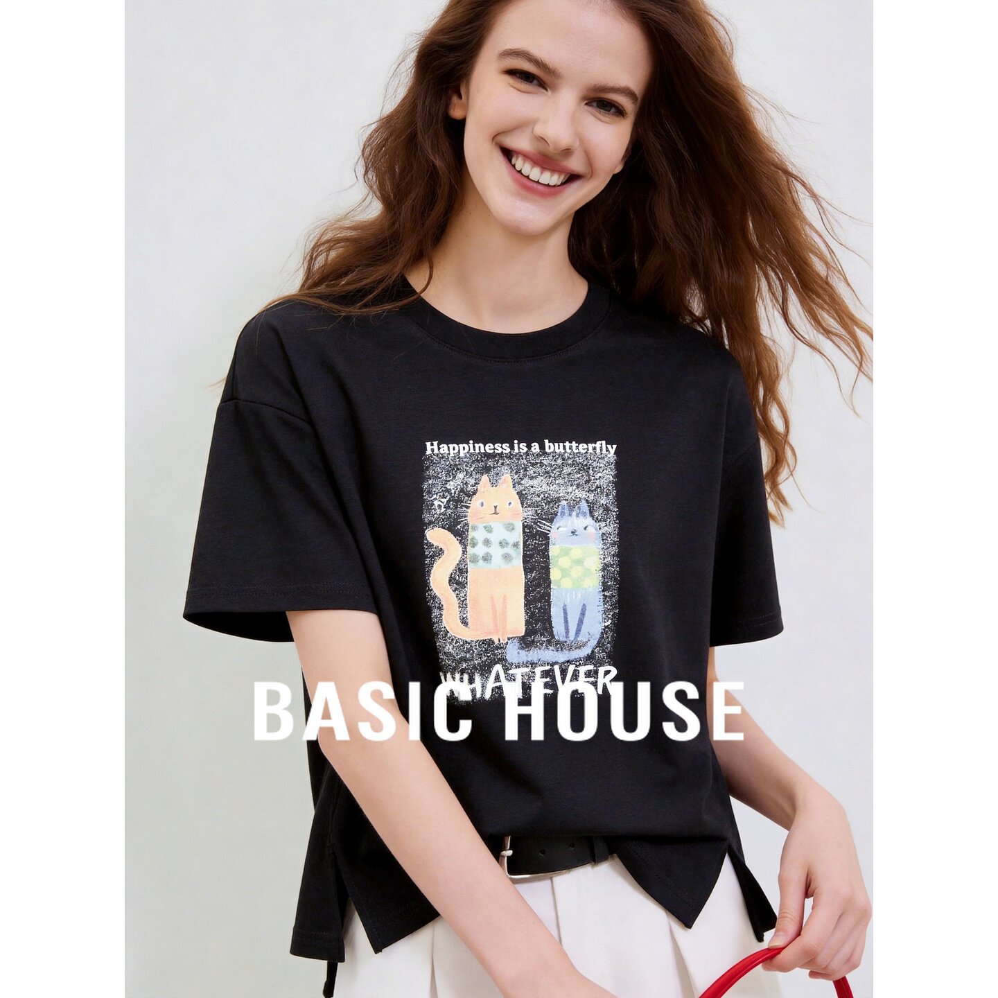 Basic House/百家好卡通印花短袖T恤女夏季黑色圆领宽松休闲上衣