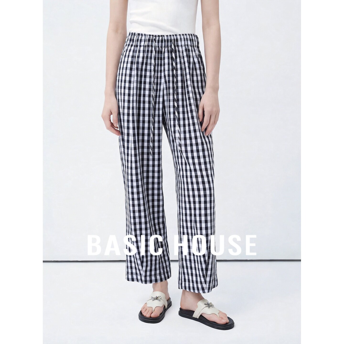 Basic House/百家好2026新款黑白格子阔腿裤女夏纯棉宽松百搭长裤