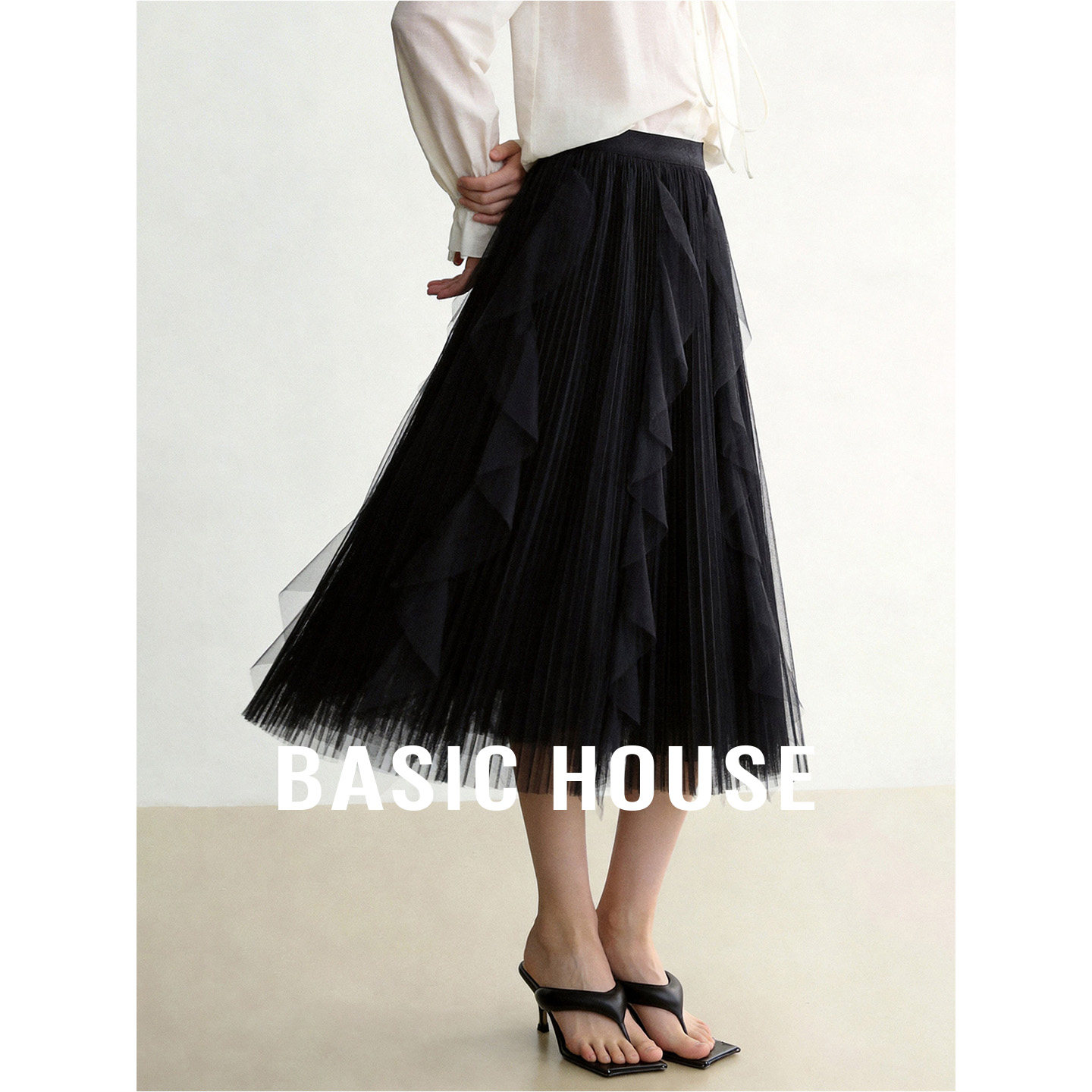 Basic House/百家好黑色不规则网纱拼接半身裙春季气质中长款裙子