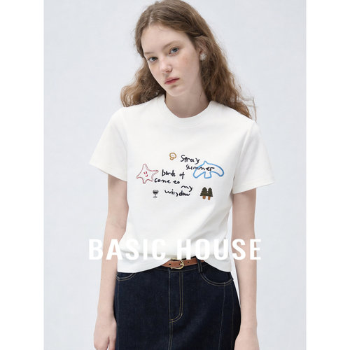 Basic House/百家好韩式简约趣味涂鸦刺绣T恤女夏季圆领宽松上衣
