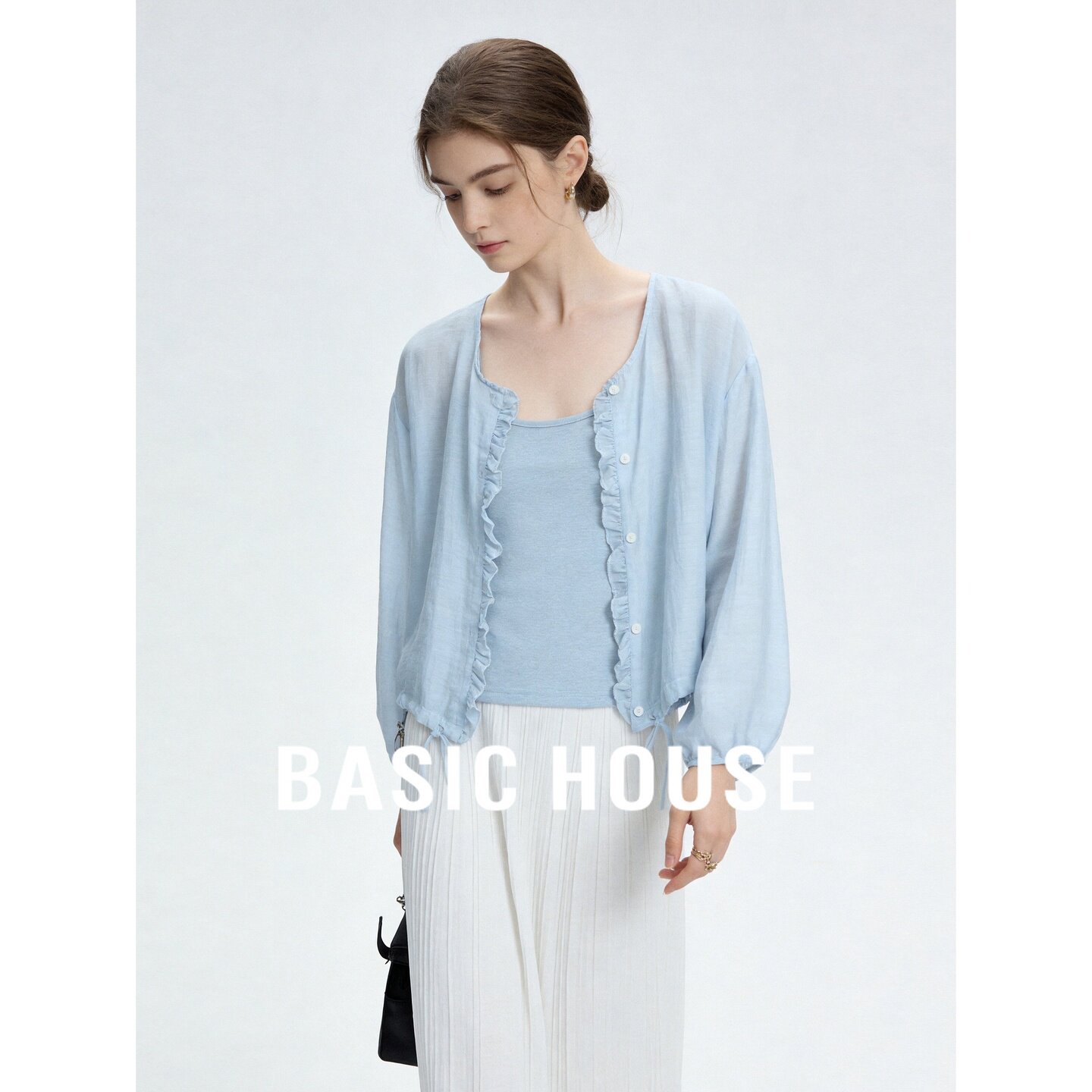 Basic House/百家好法式温柔风系带荷叶边透气衬衫女夏日清新上衣