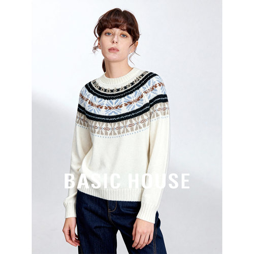 Basic House/百家好红色圆领费尔岛毛衣女冬新款巨好看百搭上衣