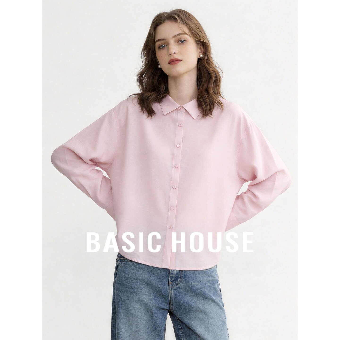 Basic House/百家好粉色翻领长袖衬衫宽松女春秋通勤韩版简约百搭