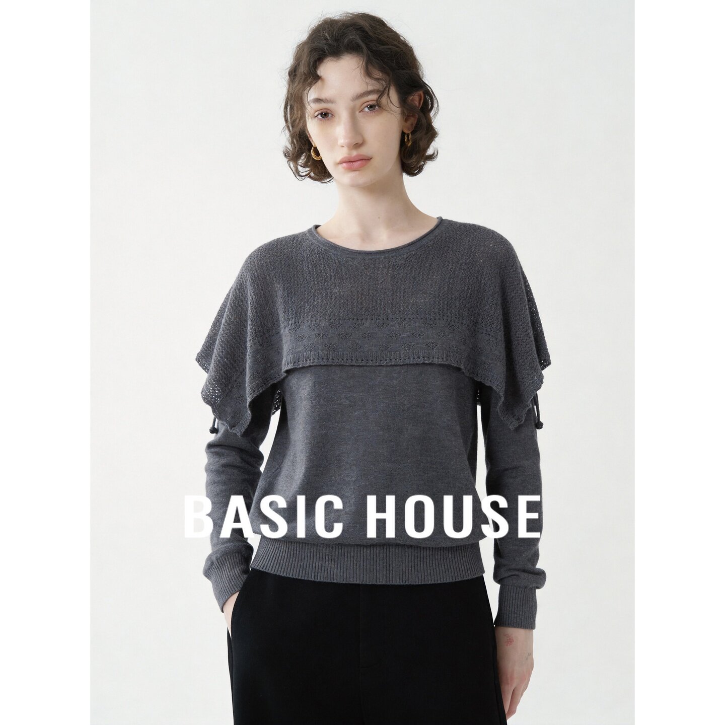 Basic House/百家好灰色斗篷拼接设计感套头优雅风百搭长袖针织衫