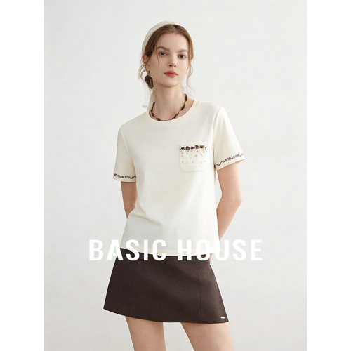 Basic House/百家好圆领刺绣小众设计短袖T恤女夏季新款百搭内搭