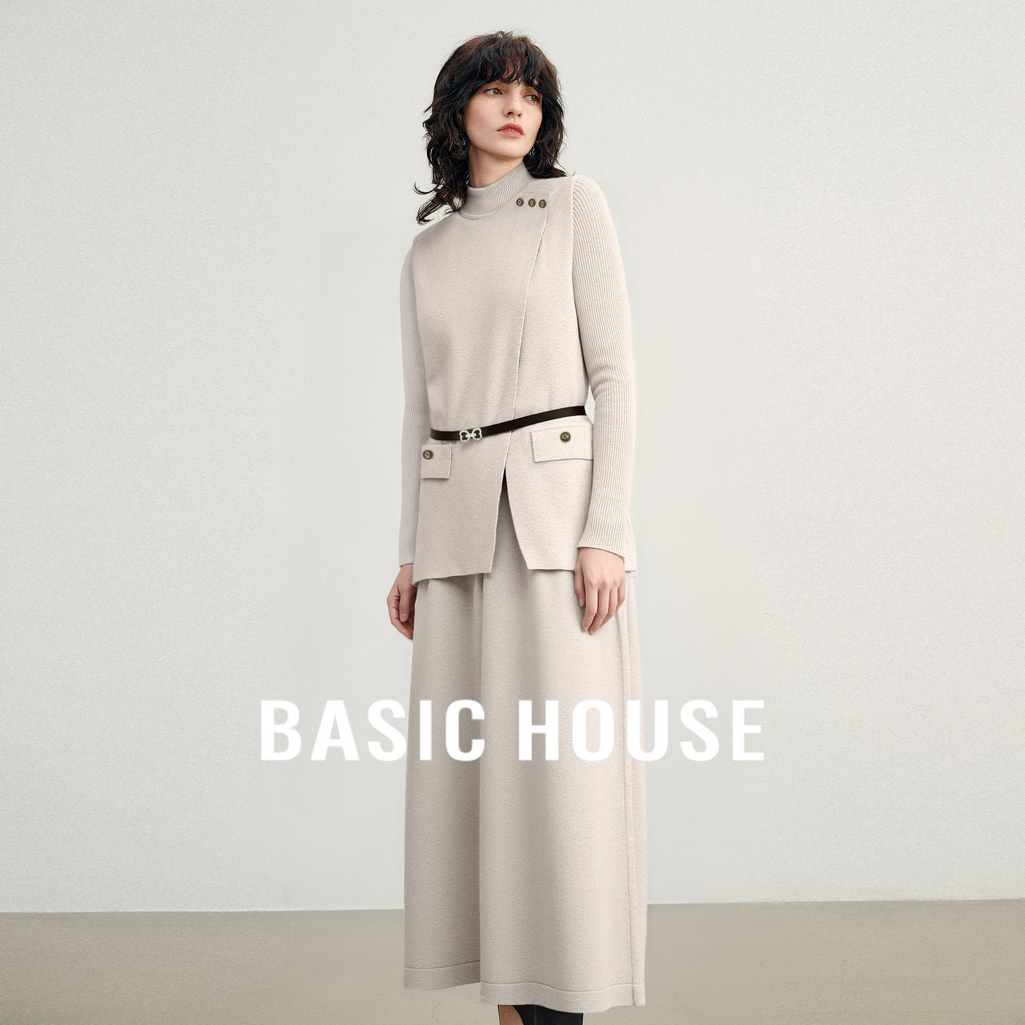 Basic House/百家好高级感套装不规则马甲圆领长袖连衣裙两件套女