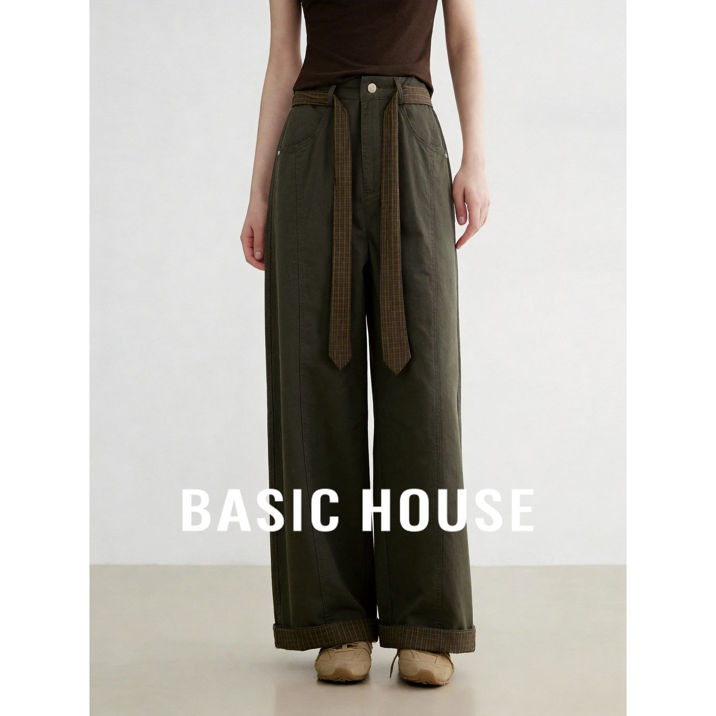 Basic House/百家好橄榄绿复古阔腿裤女2026夏撞色格子系带直筒裤