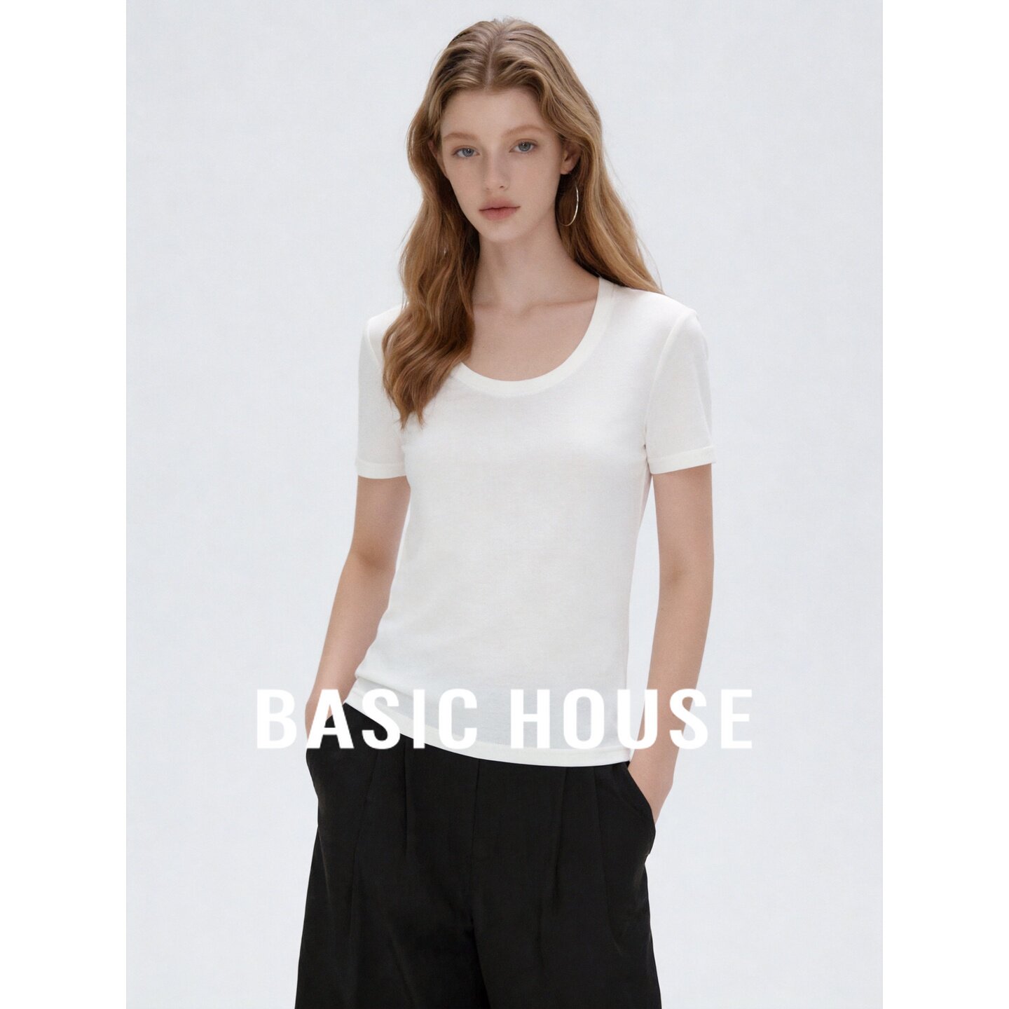 Basic House/百家好简约莱赛尔白色羊毛短袖T恤女夏宽松百搭上衣