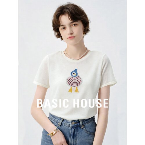 Basic House/百家好白色卡通印花短袖针织衫女夏季温柔风短款上衣