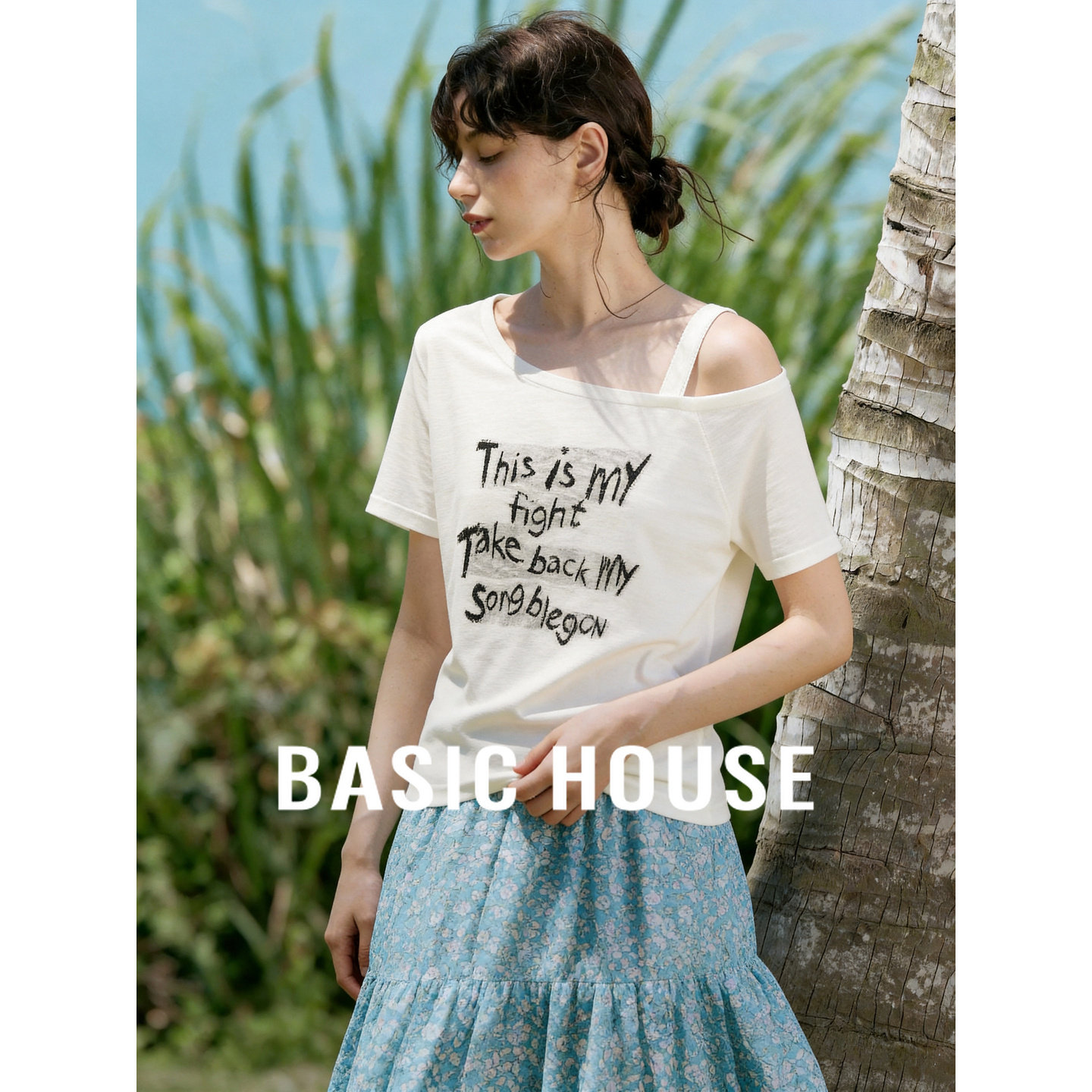Basic House/百家好亚麻露肩短袖针织衫女2026夏薄款显瘦韩系上衣