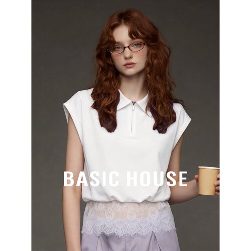 Basic House/百家好无袖Polo领上衣女白色宽松拉链蕾丝拼接设计