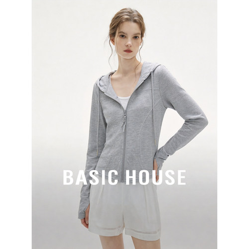 Basic House/百家好连帽拉链针织开衫女修身百搭短款外套简约舒适