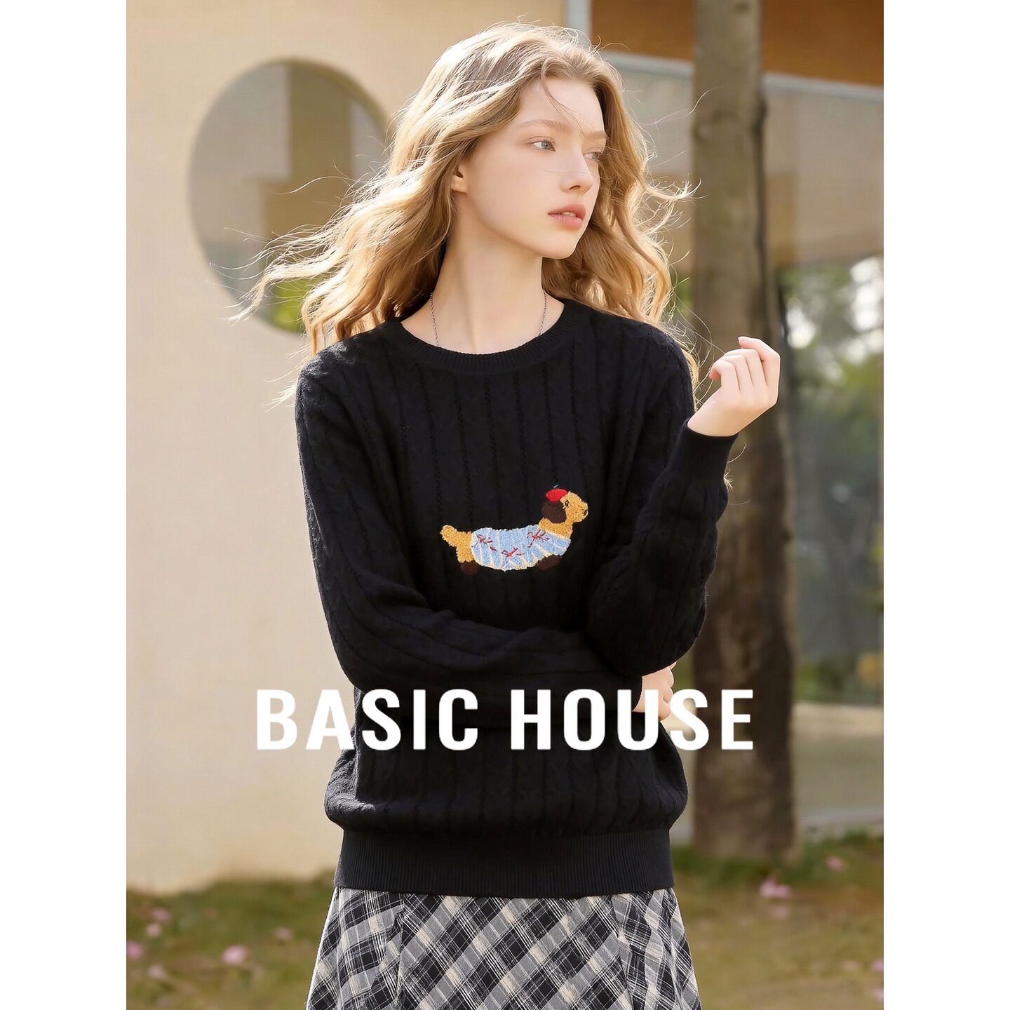 Basic House/百家好韩式可爱风小狗刺绣镂空针织衫女黑色百搭上衣