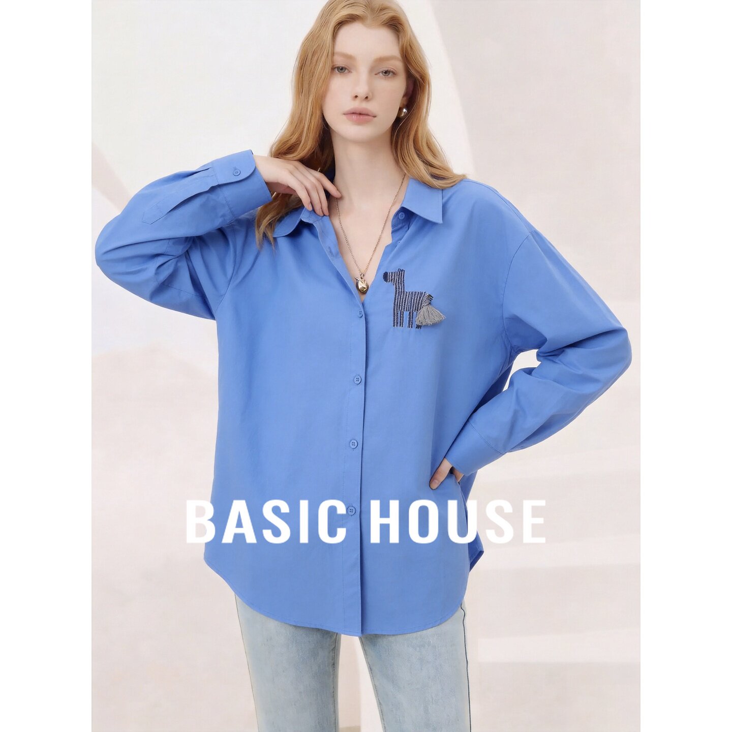 Basic House/百家好2026秋季纯棉蓝色翻领贴布宽松长袖女日常衬衫