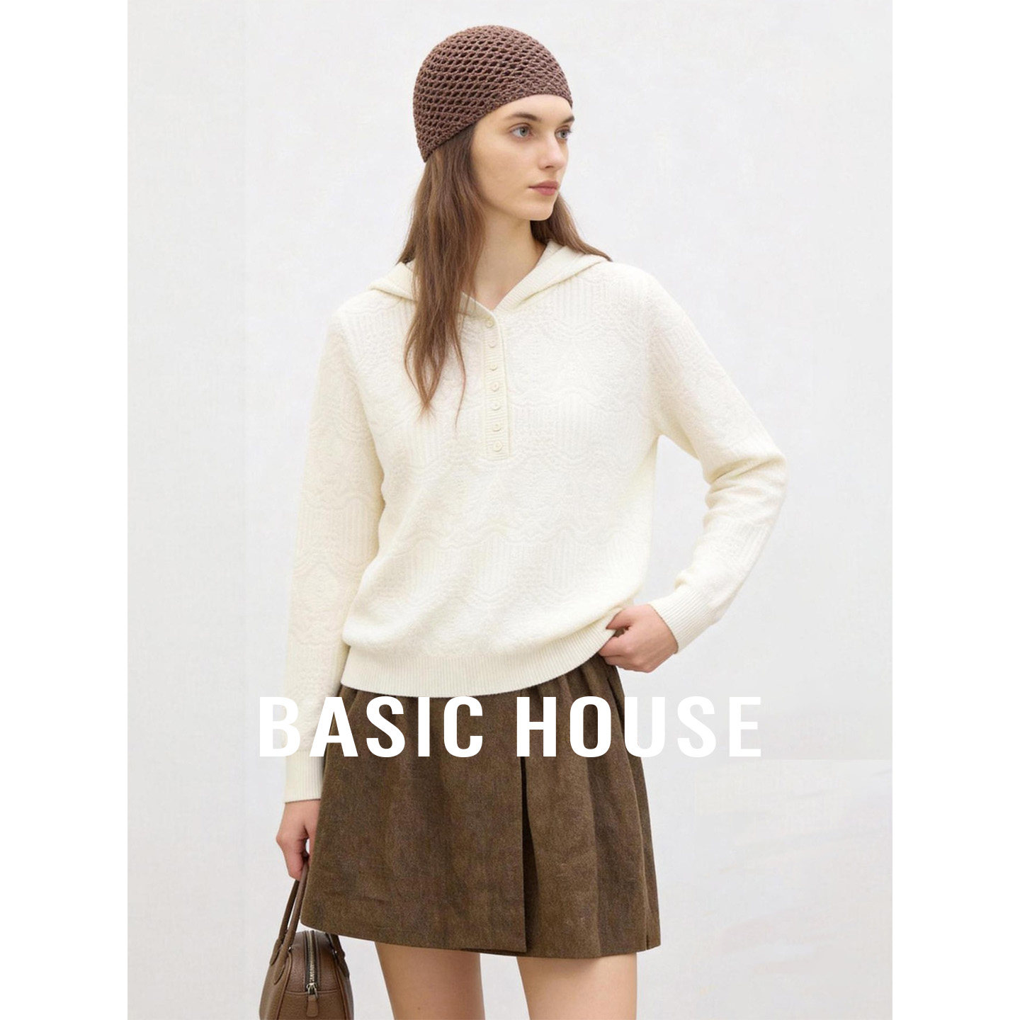 Basic House/百家好连帽舒适针织衫女26秋季新款提花套头短款上衣